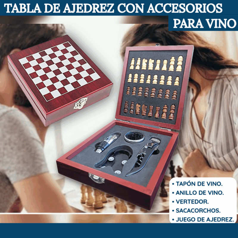 Juego de Tablero de Ajedrez de madera con Accesorios Para Vino - Imagen 2
