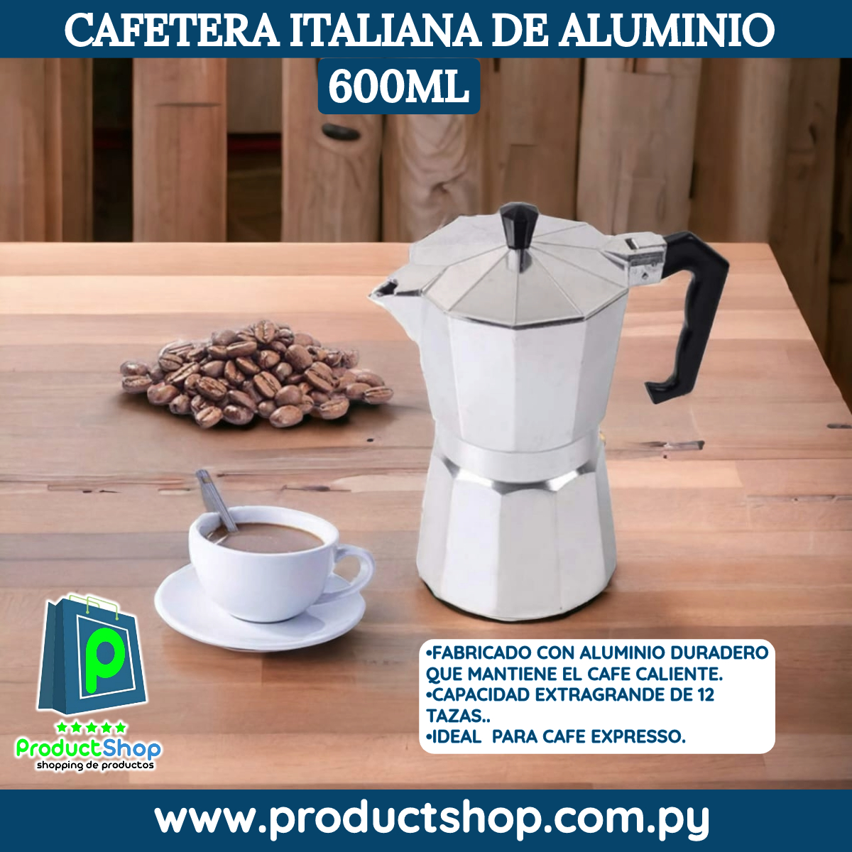 Cafetera Tipo Italiana Grande 12 Pocillos Moka Alumini 600ml