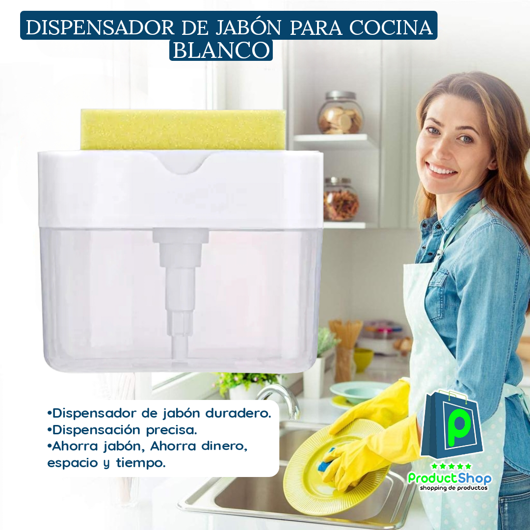 Dispensador de jabón para cocina + soporte de esponja. Blanco - ProductShop