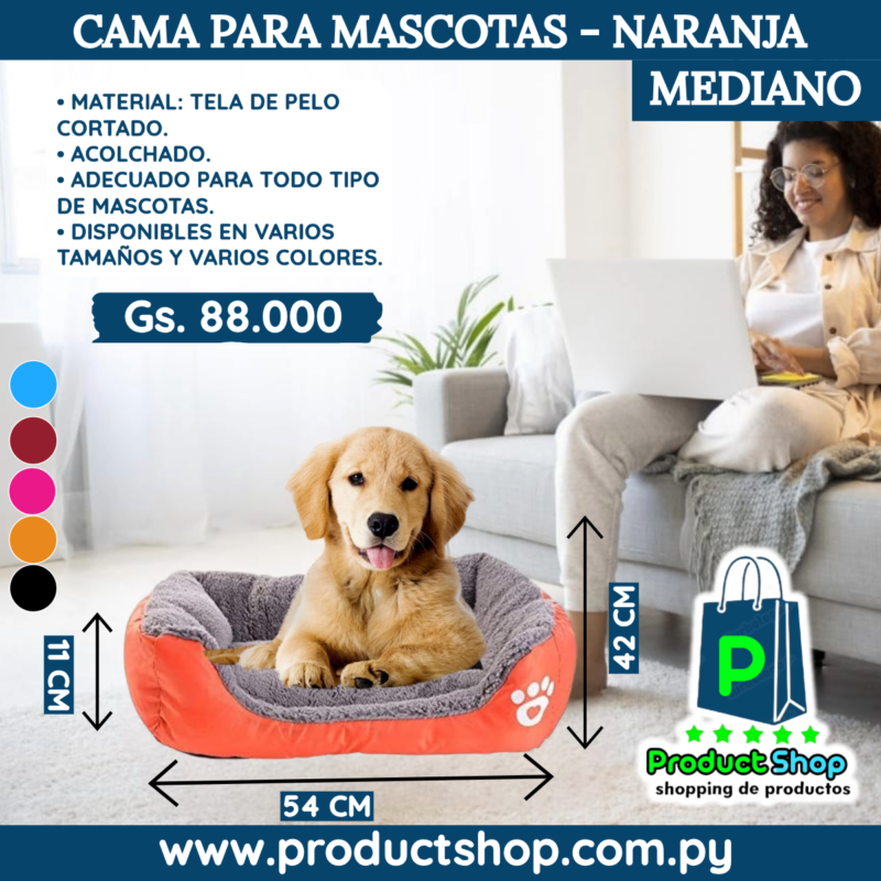 Cama Para Mascotas. Naranja Mediano 54cmX42cmX11cm