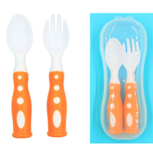 Cuchara y Tenedor para bebe - Naranja y Blanco