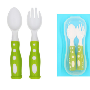 Cuchara y Tenedor para bebe - Verde y Blanco