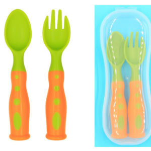 Cuchara y Tenedor para bebe - Verde y Naranja