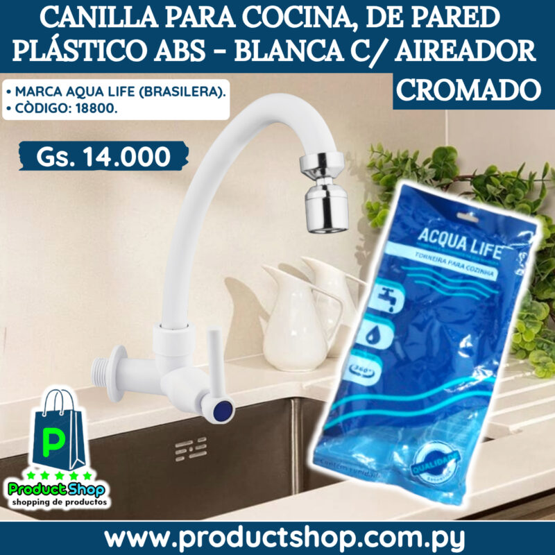 Canilla para Cocina, de Pared, Plástico ABS - Blanca con Aireador Cromado (18800)