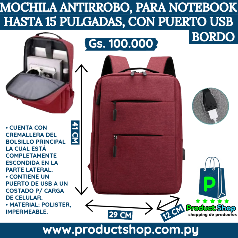 Mochila Antirrobo para notebook hasta 15 pulgadas con puerto USB - Bordo