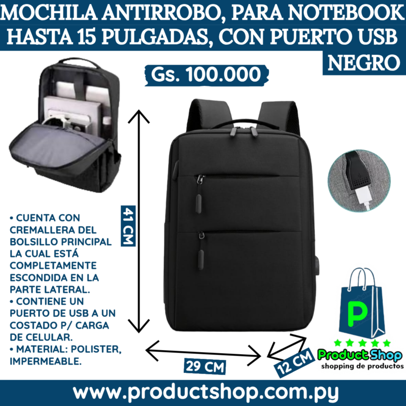 Mochila Antirrobo para notebook hasta 15 pulgadas con puerto USB - Negro