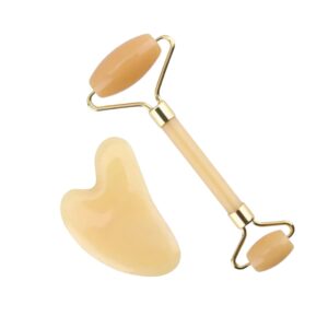 Set de Rodillo Facial y Piedra Guasha de Cuarzo. Color Amarillo
