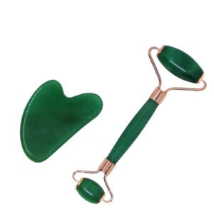 Set de Rodillo Facial y Piedra Guasha de Cuarzo. Color Verde Oscuro