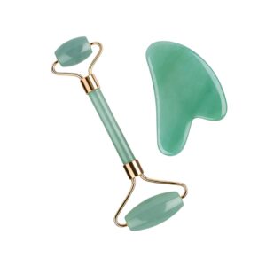 Set de Rodillo Facial y Piedra Guasha de Cuarzo. Color Verde Claro
